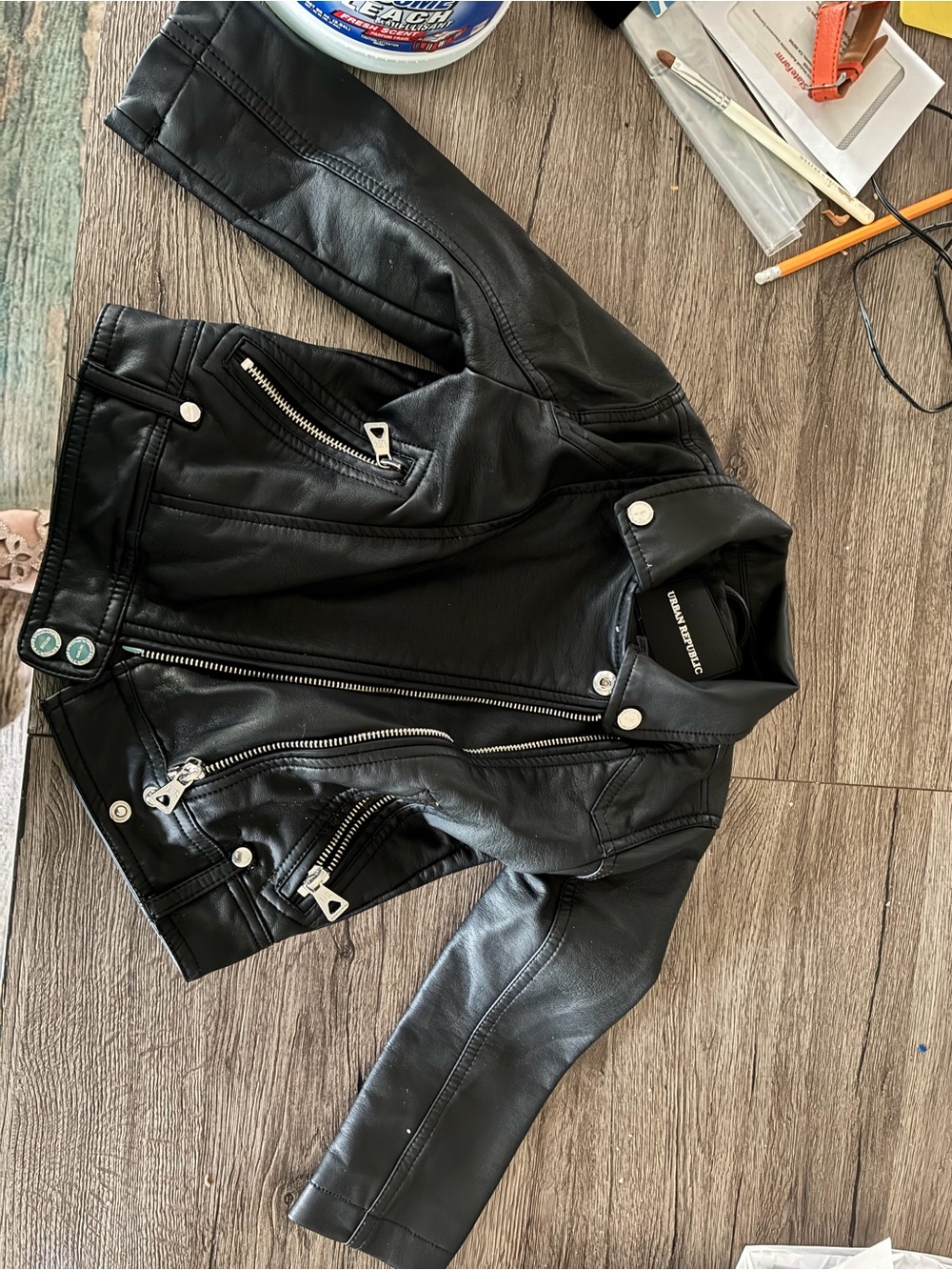 Urban Republic Black Faux Leather Kids Moto Jacket with Silver Hardware